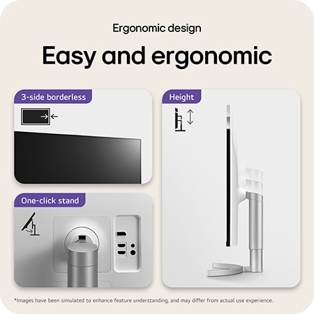 LG Monitor 32UN650K, featuring an ergonomic design and One-click stand, offers a 3-side borderless bezel and height adjustment for easy setup and comfort.