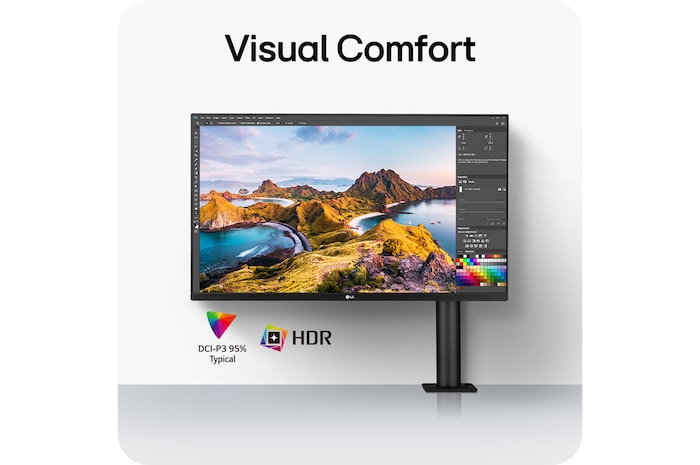 LG Monitor 32UN880K ensuring a comfortable view through HDR support and 95% DCI-P3 color gamut for precise color reproduction.