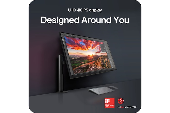 LG Monitor 32UN880K with UHD 4K IPS Display highlighting the ergonomic design of the Ergo stand, recognized by the iF Design Award and Red Dot Award.