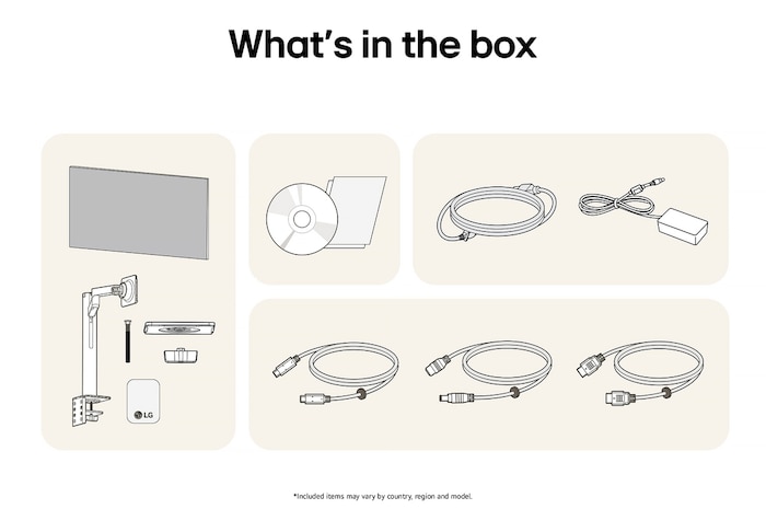 LG Monitor 32UN880K showing an overview of all included components, including the monitor body, Ergo stand, manual, power adapter, and HDMI, DP, and USB-C cables.