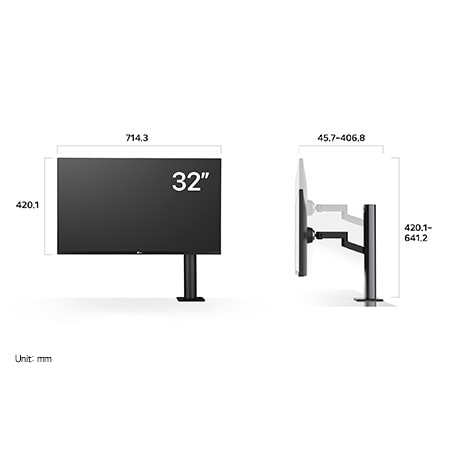 LG Monitor 32UN880K in a dark finish displaying product dimensions including the Ergo stand, measuring 714.3 mm width, 420.1 mm display height, 420.1~641.2 mm height range, and 45.7~406.8 mm depth range.