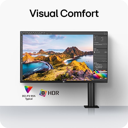 LG Monitor 32UN880K ensuring a comfortable view through HDR support and 95% DCI-P3 color gamut for precise color reproduction.