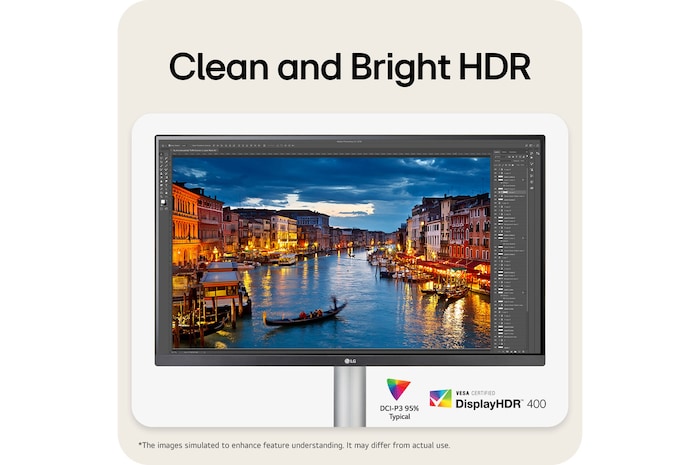 LG Monitor 27UP850K delivers clear and bright HDR with VESA DisplayHDR™ 400 certification and 95% DCI-P3 color gamut for precise photo editing.