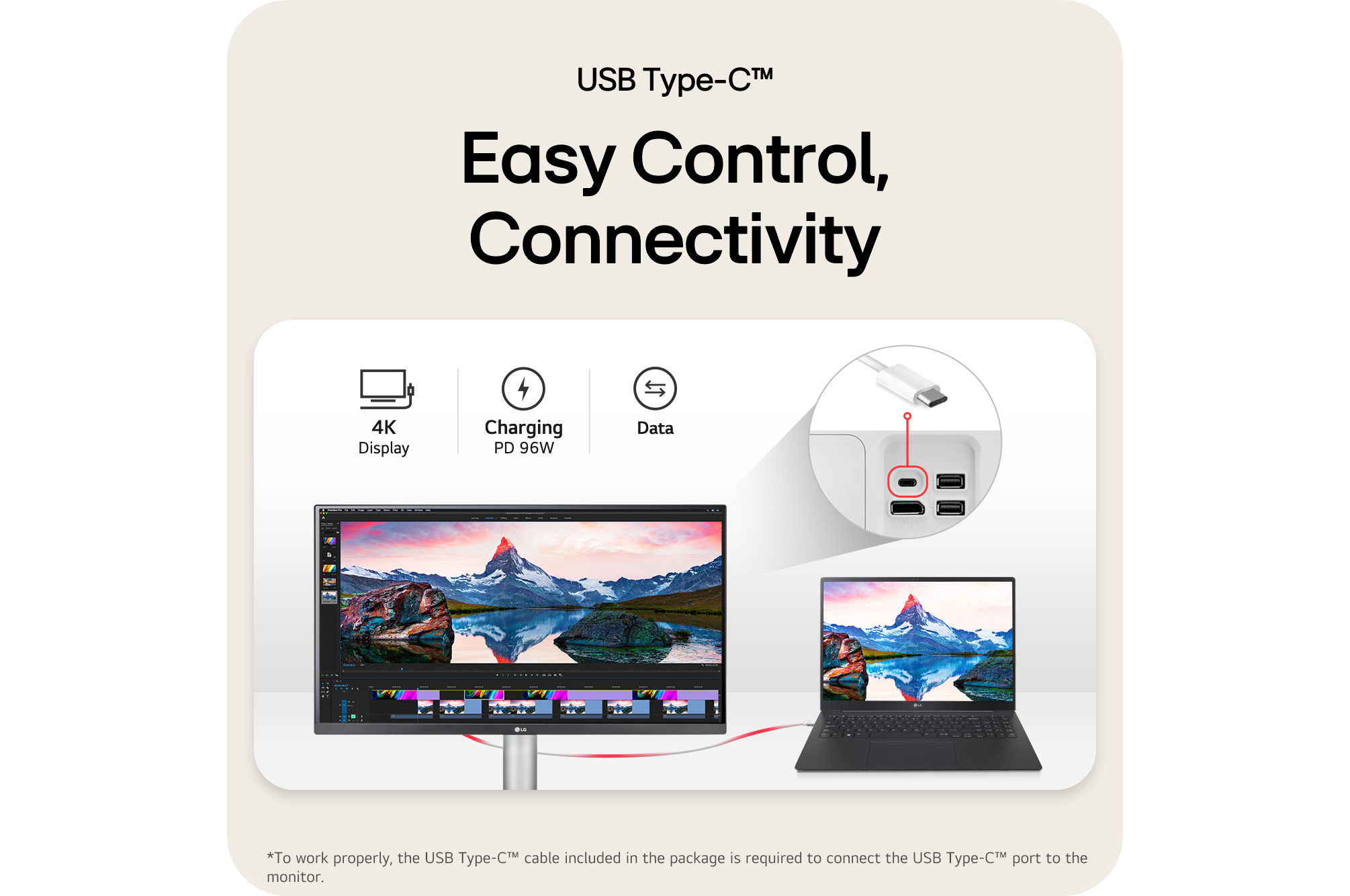 Illustration of a laptop connected to an LG 4K monitor by USB-C