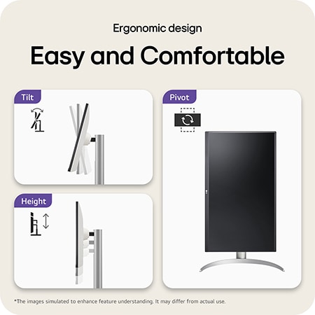 LG Monitor 27UP850K showcasing the ergonomic design with features including Tilt, Pivot, and Height adjustment for simple and convenient use.