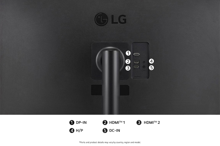 Rear view of the LG Monitor 32UR550K in a matte black finish, showcasing dual HDMI and a DP-IN port for essential video connectivity.