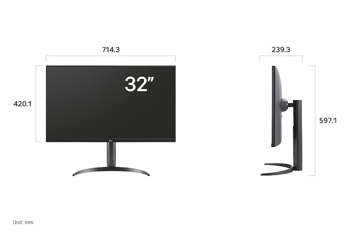 LG Monitor 32UR550K displaying dimensions, measuring 714.3 mm width, 420.1 mm display height, 597.1 mm total height, and 239.3 mm depth.