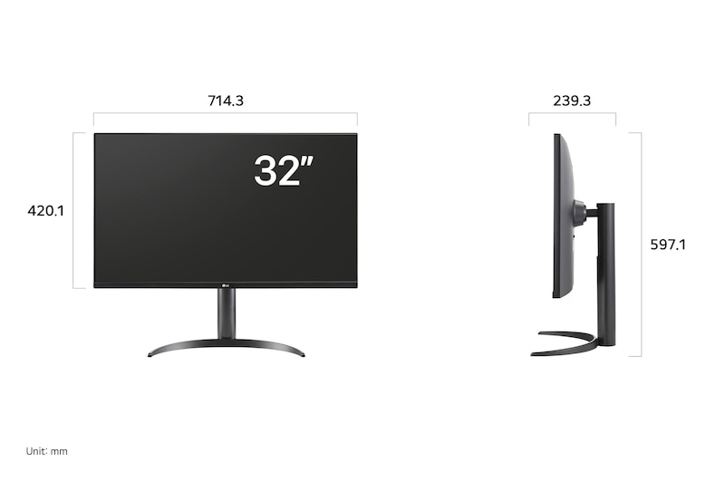 LG Monitor 32UR550K displaying dimensions, measuring 714.3 mm width, 420.1 mm display height, 597.1 mm total height, and 239.3 mm depth.