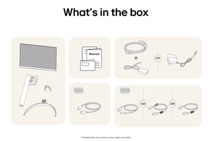 LG Monitor 32UR550K showing an overview of all included components, including the monitor body, stand parts, manual, HDMI, and DP cables.
