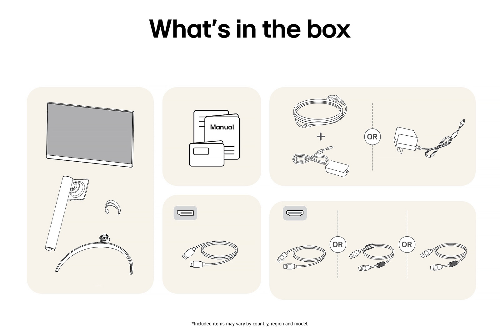 LG Monitor 32UR550K showing an overview of all included components, including the monitor body, stand parts, manual, HDMI, and DP cables.