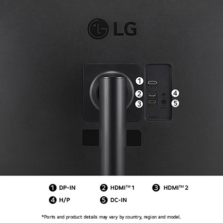 Rear view of the LG Monitor 32UR550K in a matte black finish, showcasing dual HDMI and a DP-IN port for essential video connectivity.