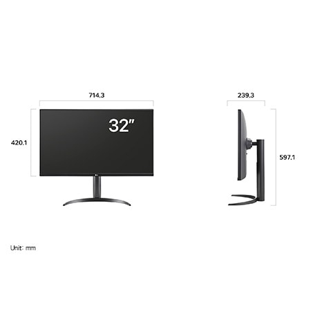 LG Monitor 32UR550K displaying dimensions, measuring 714.3 mm width, 420.1 mm display height, 597.1 mm total height, and 239.3 mm depth.