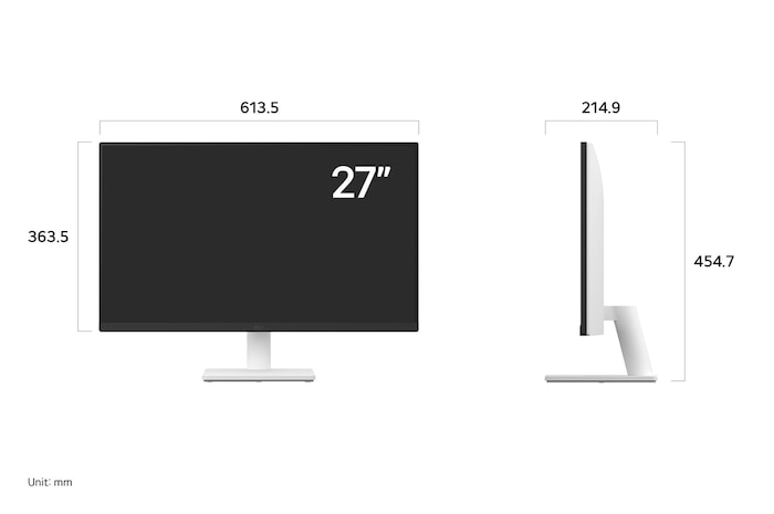LG Monitor 27US500 displaying dimensions, measuring 613.5 mm width, 363.5 mm display height, 454.8 mm total height, and 211.5 mm depth.