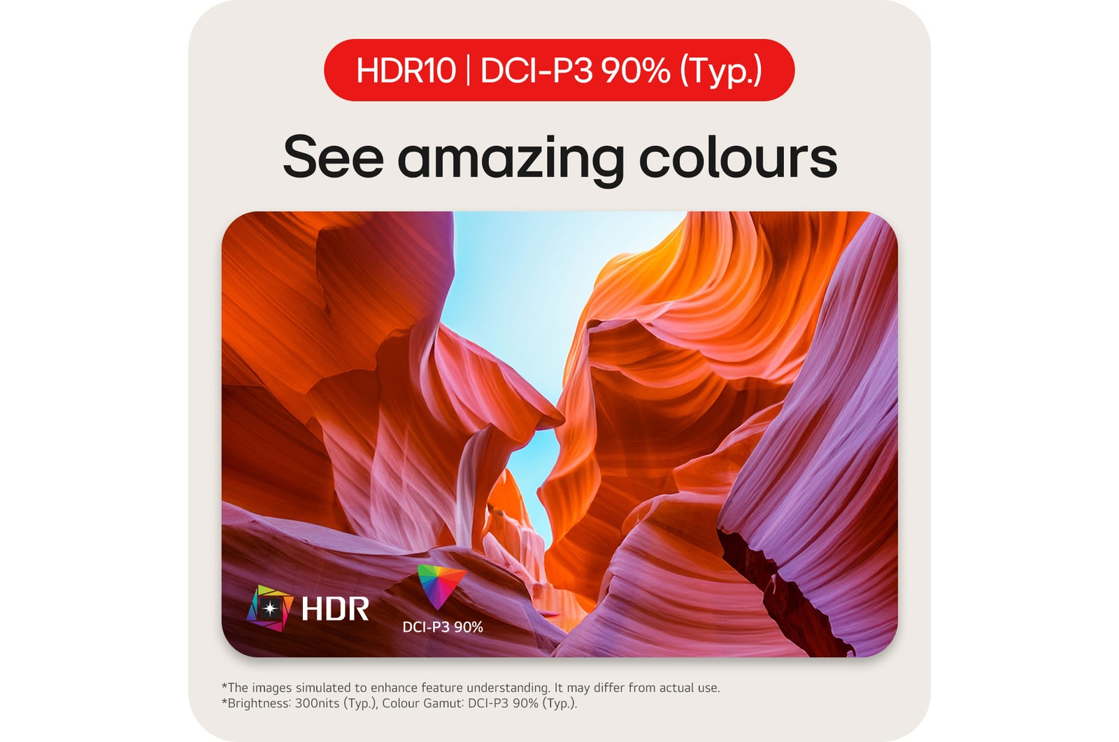 LG Monitor 27US500, featuring HDR10 support and DCI-P3 90% colour gamut, displaying amazing and vivid colours at 300 nits brightness.