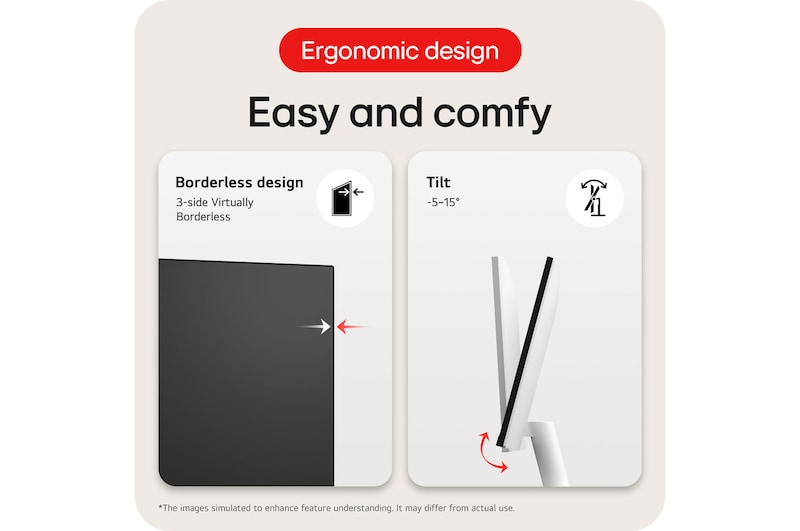 LG Monitor 27US500, featuring a 3-side borderless design and ergonomic tilt function (−5∘ to 15∘), provides an easy and comfortable viewing experience.