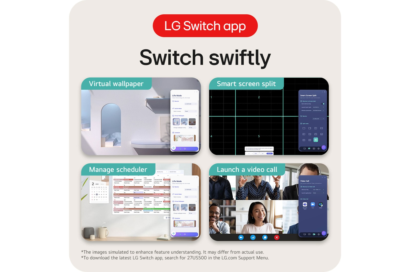 LG Monitor 27US500 features the LG Switch App for swift multitasking, supporting Smart Screen Split, schedule management, and launching video calls.