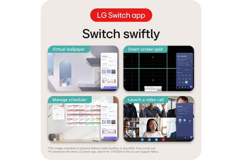 LG Monitor 27US500 features the LG Switch App for swift multitasking, supporting Smart Screen Split, schedule management, and launching video calls.