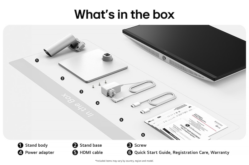 LG Monitor 27US500 showing an overview of all included components, including the monitor body, stand parts, documentation, HDMI cable, and power adapter.