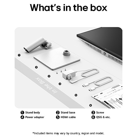 LG Monitor 27US500 showing an overview of all included components, including the monitor body, stand parts, documentation, HDMI cable, and power adapter.