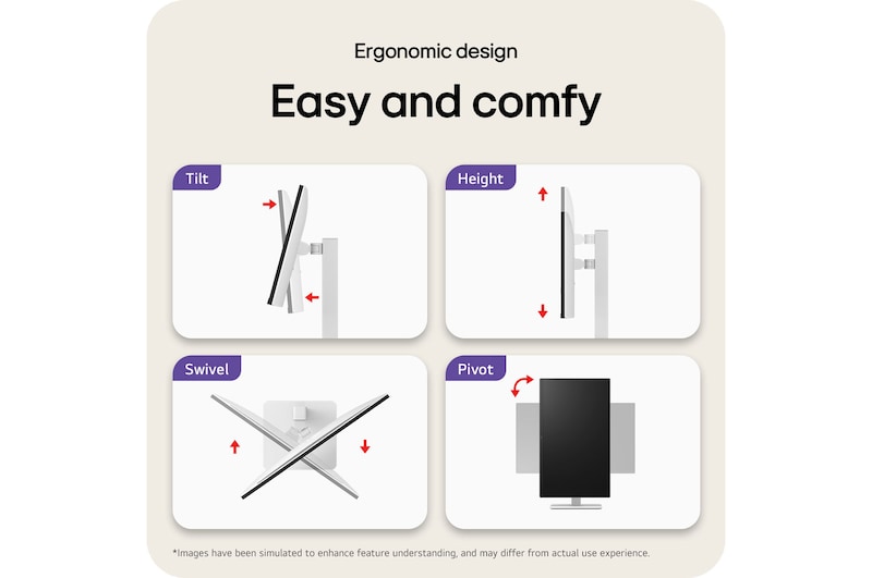 LG Monitor 27US550 showcasing the ergonomic design with features including Tilt, Height adjustment, Swivel, and Pivot rotation for simple and comfortable use.