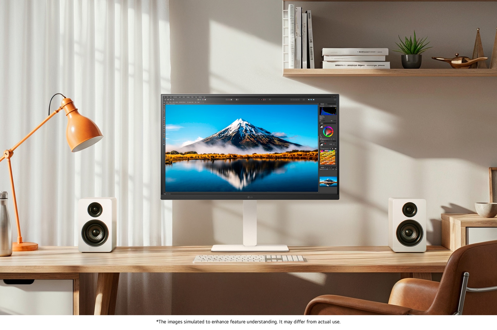 LG Monitor 27US550 in a white design positioned on a desk, displaying photo editing software with high color precision for professional image editing.