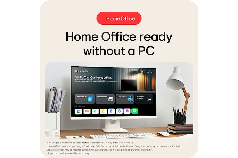 LG Smart Monitor 27U511SA-W is Home Office ready without a PC, allowing remote access to services like Windows 365, Chrome Remote, and Azure Virtual Desktop directly through the monitor's interface.