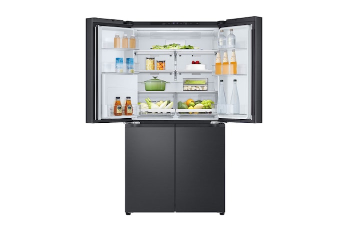 Front view with top door open with food