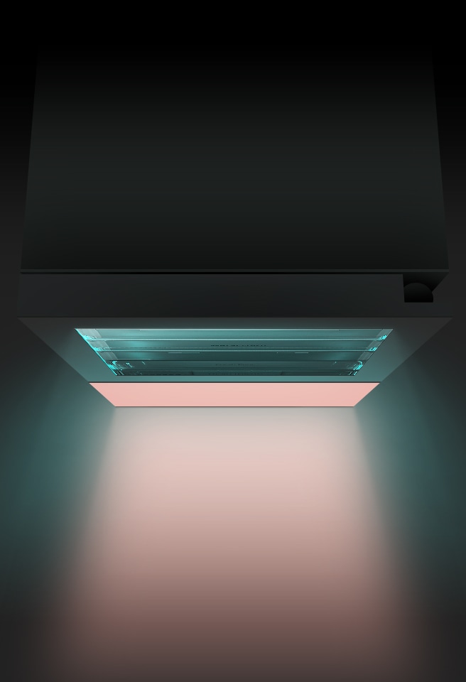 Light is coming out of the refrigerator against a dark background with the image of the top of the refrigerator.