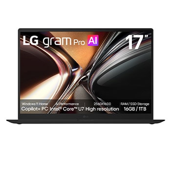 Front view of 17” LG gram Pro Laptop, Copilot+ PC, Windows 11 Home, Dual AI, Intel® Core™ U7, Black 17Z90U-G.AU78AN