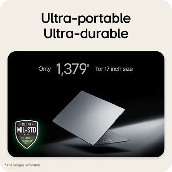 This image shows a lightweight LG gram laptop floating against a dark background, emphasizing its slim and compact design. Text above highlights the weight of only 1,379 g for the 17 inch size, while a MIL-STD durability certification badge appears in the lower left, indicating military-standard durability testing.