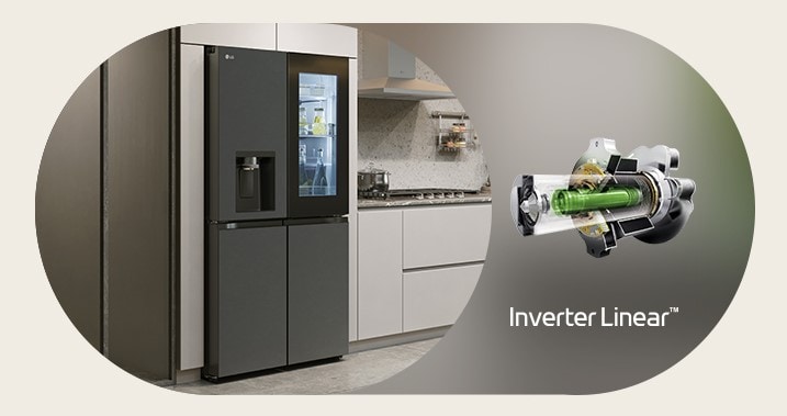 The LG's refrigerator and LG Inverter Linear Compressor™ are visible side by side.	