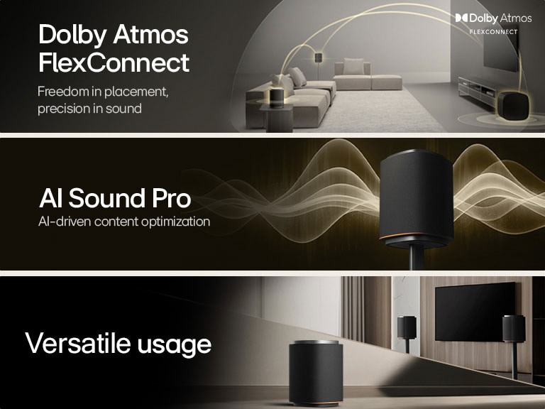 1) LG Sound Suite with Dolby Atmos FlexConnect technology detects each speaker’s location to optimize surround sound systems 2) LG Sound Suite speaker emitting golden sound waves, illustrating AI Sound Pro for an optimized home sound system 3) LG Sound Suite speakers arranged with a TV , highlighting versatile use for home audio systems