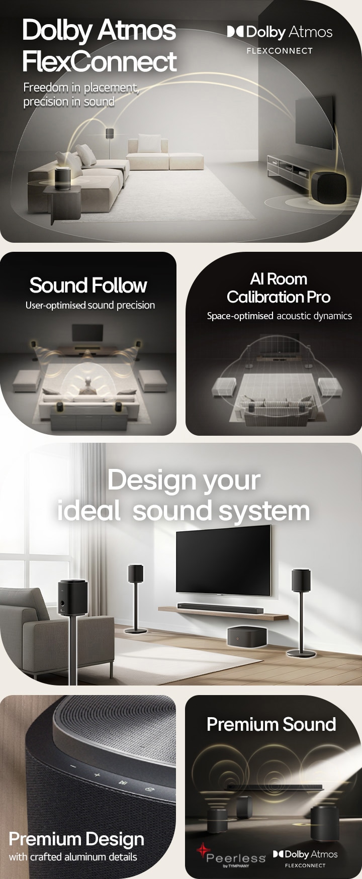1) LG Sound Suite with Dolby Atmos FlexConnect technology detects each speaker’s location for optimized surround sound. 2) Top-down view of a surround sound system with Sound Follow technology for optimal sound wherever you go. 3) LG Sound Suite Room Calibration analyzes the space and speaker positions to deliver the best surround sound system 4) Close up of LG Sound Suite speaker with metallic silver and black premium design. 5) LG Sound Suite with Dolby Atmos 3D spatial audio and Peerless units for premium sound. 6) A modern living room with wall mounted TV and LG Sound Suite surround sound system with AI-driven spatial audio adaptation.