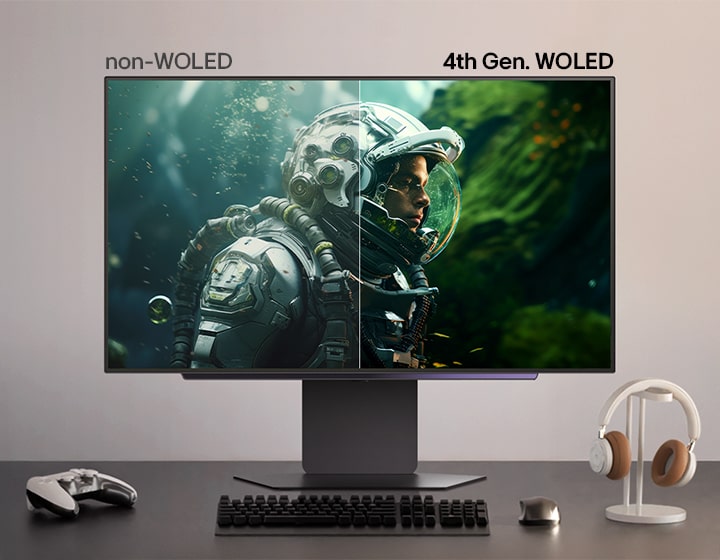 Side-by-side comparison of non-WOLED and 4th Gen. WOLED display quality, showing enhanced brightness, colour, and clarity on the right side using 4th Gen. WOLED technology. The monitor sits on a desk with a game controller, keyboard, and headset.