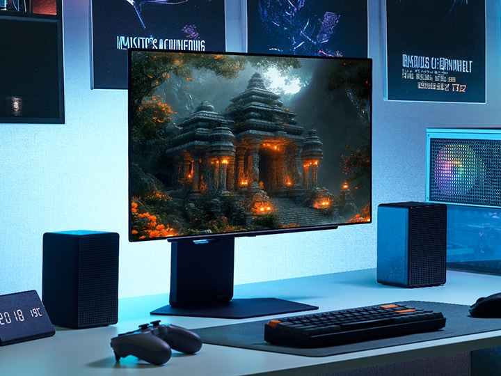 A gaming monitor displays a mysterious temple surrounded by glowing lanterns and dense forest foliage. The setup includes a mechanical keyboard, mouse, speakers, gaming controller, and a compact PC tower with RGB lighting, all arranged on a sleek desk in a dimly lit room decorated with game posters.
