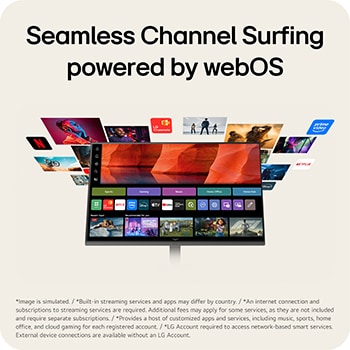 LG Smart Monitor with webOS providing access to built in streaming apps and entertainment content.HDR10 Pro with sRGB 99% on LG Smart Monitor enhancing color accuracy and contrast for clear visuals.
