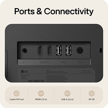 Rear ports of LG Smart Monitor showing HDMI 2.0, USB-A 2.0, headphone out, and DC-IN connectivity options.