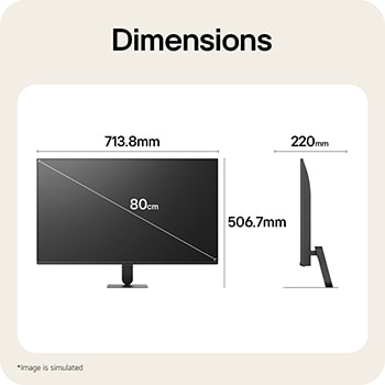 LG Smart Monitor dimensions illustrating overall product size and stand measurements.