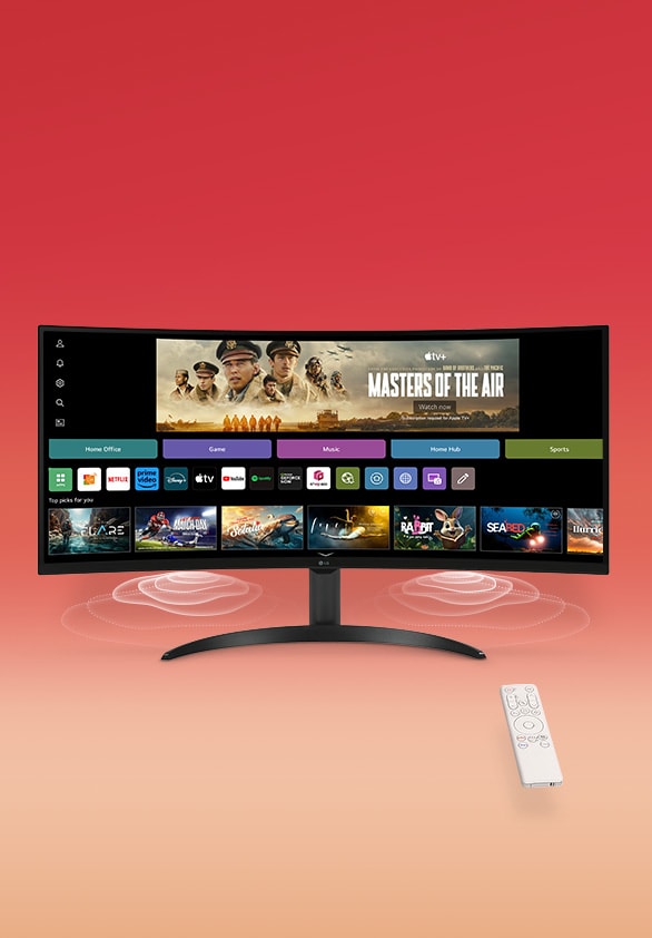On the smart monitor screen, the webOS interface is displayed. Speaker waves emanate from the bottom corners of the monitor, and on the right side of the screen, there is a remote control.