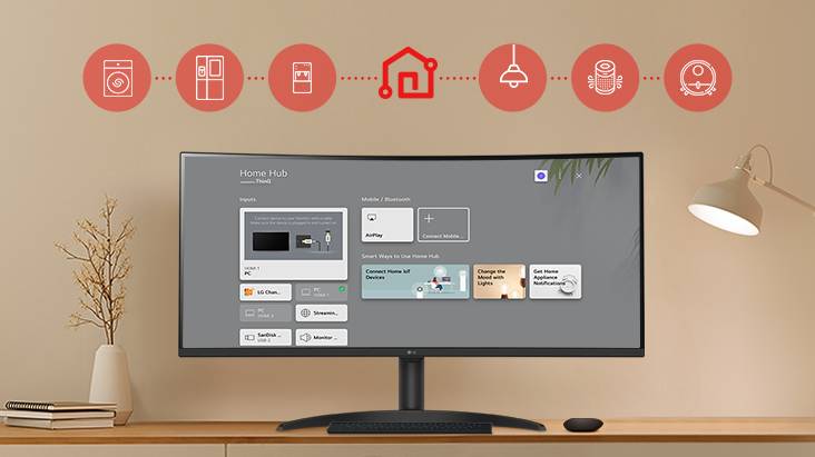On the table's monitor screen, the Home dashboard is displayed, and at the top of the image, there are icons of household appliances such as washing machines, refrigerators, vacuum cleaners, etc., which can be controlled via the LG ThinQ app.