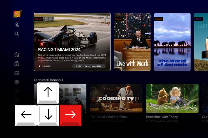 Above the LG channel screen, a keyboard icon with arrow keys is displayed.