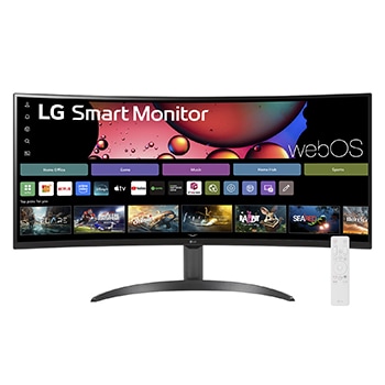 Front view of 34” LG Smart Monitor, Curved WQHD Display, webOS, LG ThinQ, Screen Share, Bluetooth, Black 34SR60QC-B