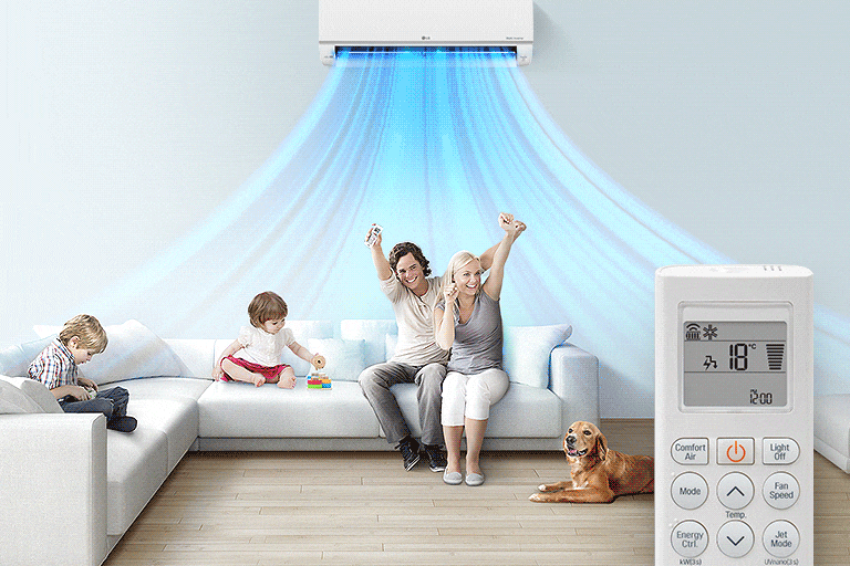 Family enjoys cool air from LG air conditioner; child plays with blocks on sofa, dog rests on floor, remote in view.