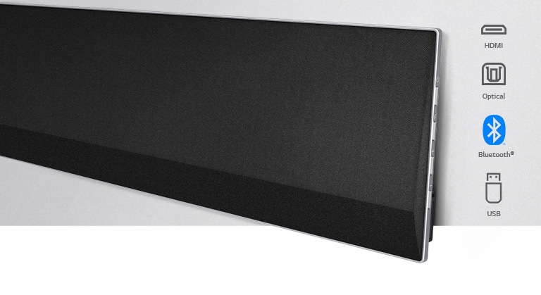 An angled close-up of the right side of LG Soundbar. Connectivity icons are shown on the right side of the product.