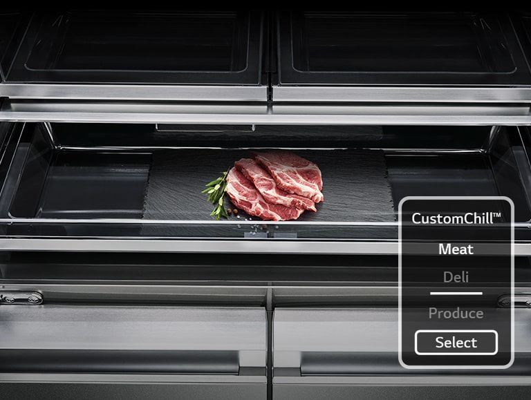 Fresh meats are being preserved at custom chill pantry inside of LG SIGNATURE Refrigerator.