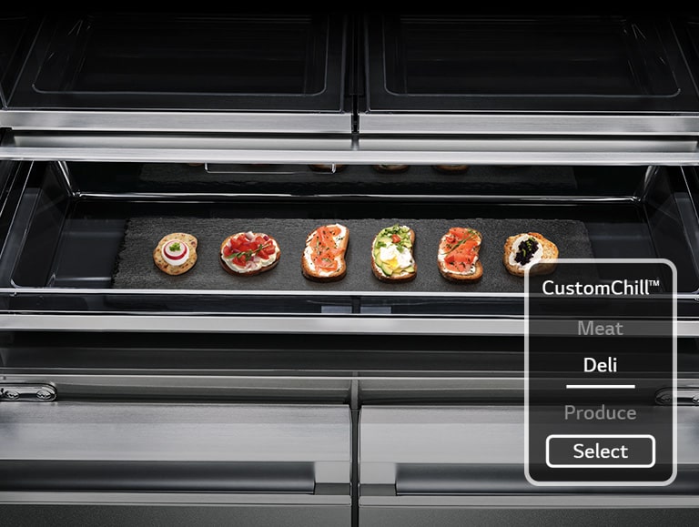 Various kinds of finger foods are being preserved at custom chil pantry inside of LG SIGNATURE Refrigerator.