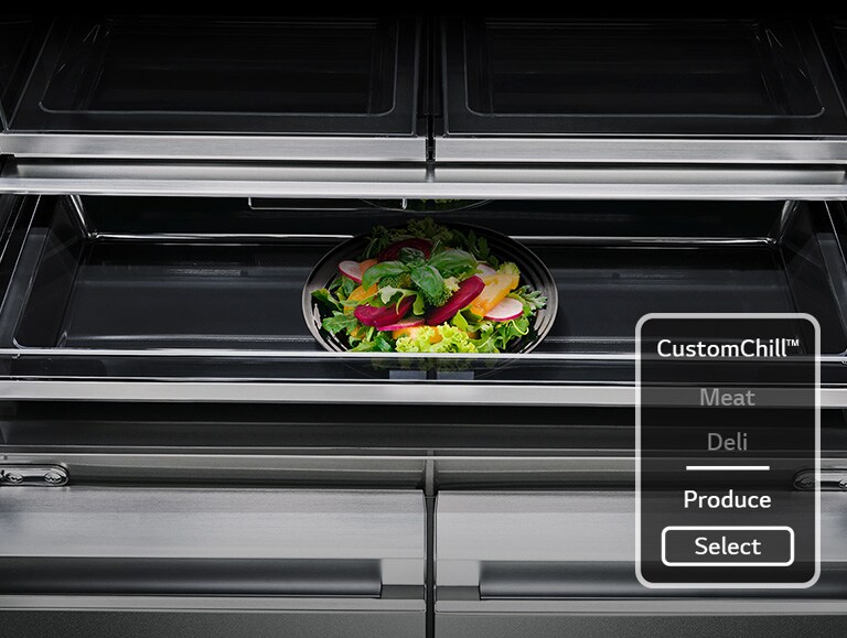 A dish of fresh salad is being preserved at custom chill pantry inside of LG SIGNATURE Refrigerator.