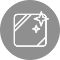 White mirror icon with sparkles on a red background, representing cleanliness and clarity, centred in the image.  Icon of a clean, sparkling glass surface with two stars, located on a grey background.