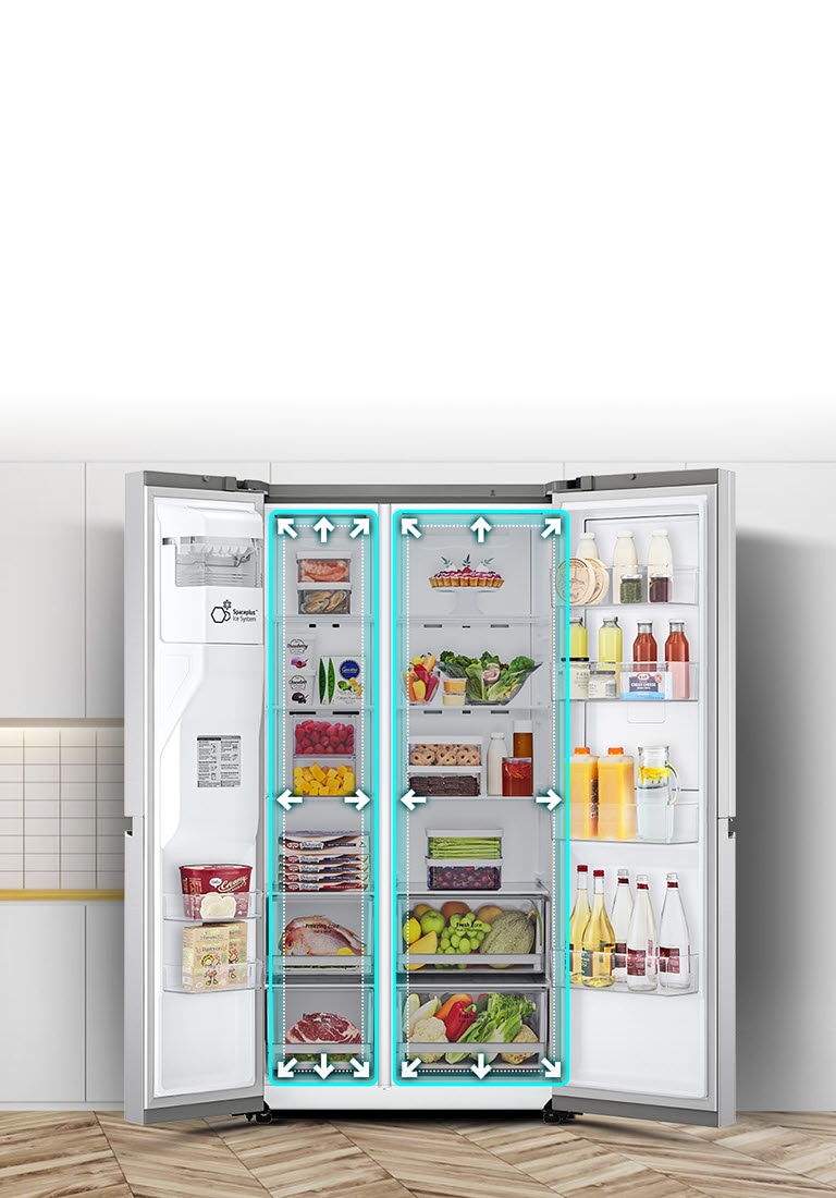 A video begins with the front view of the refrigerator with both doors wide open. The interior spaces are outlined in a neon lines and arrows begin to push the lines out to show that there is now more space inside. The neon square around the interior spaces flashes to show the difference between the new space and the old smaller space which is now outlined in a dotted white line.