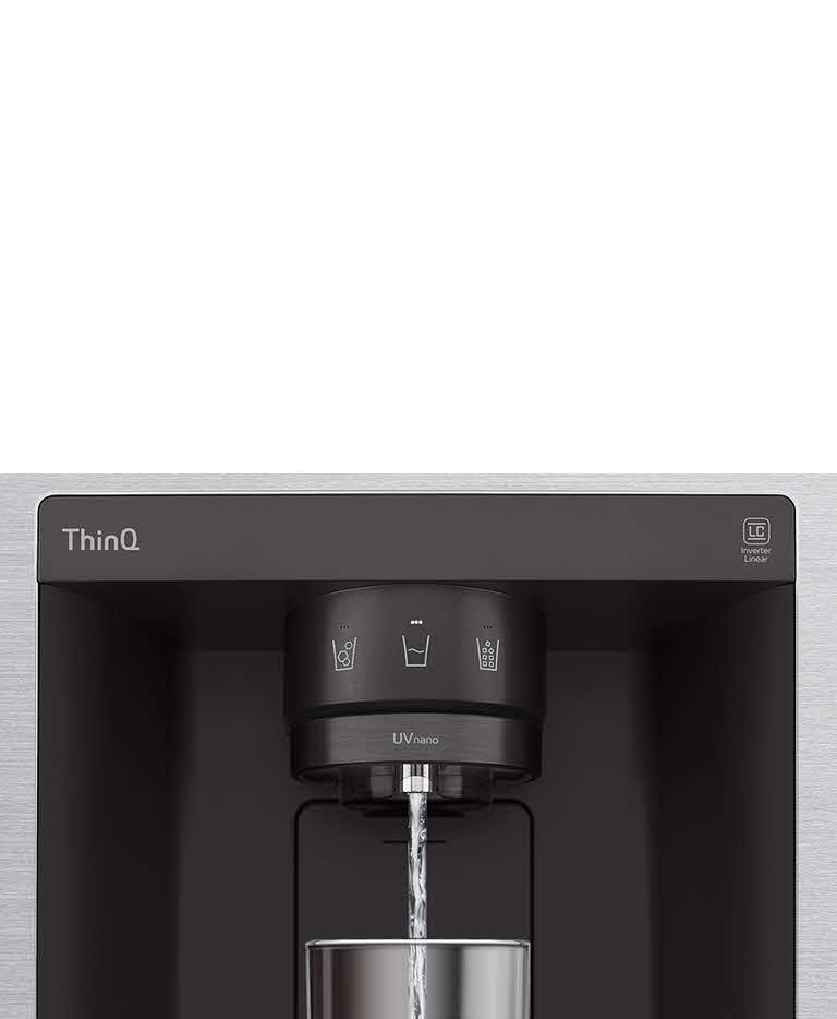 LG ThinQ refrigerator water dispenser with UVnano tech fills a glass from its sleek black panel.